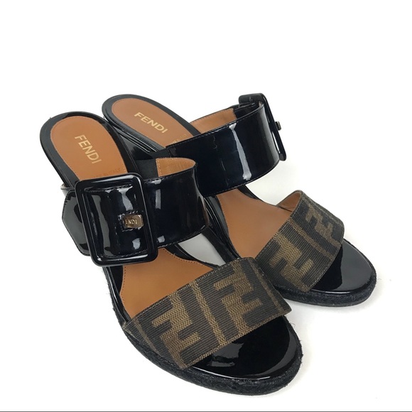Fendi Shoes - Fendi Vernis Zucca Canvas Patent Leather Wedge 38